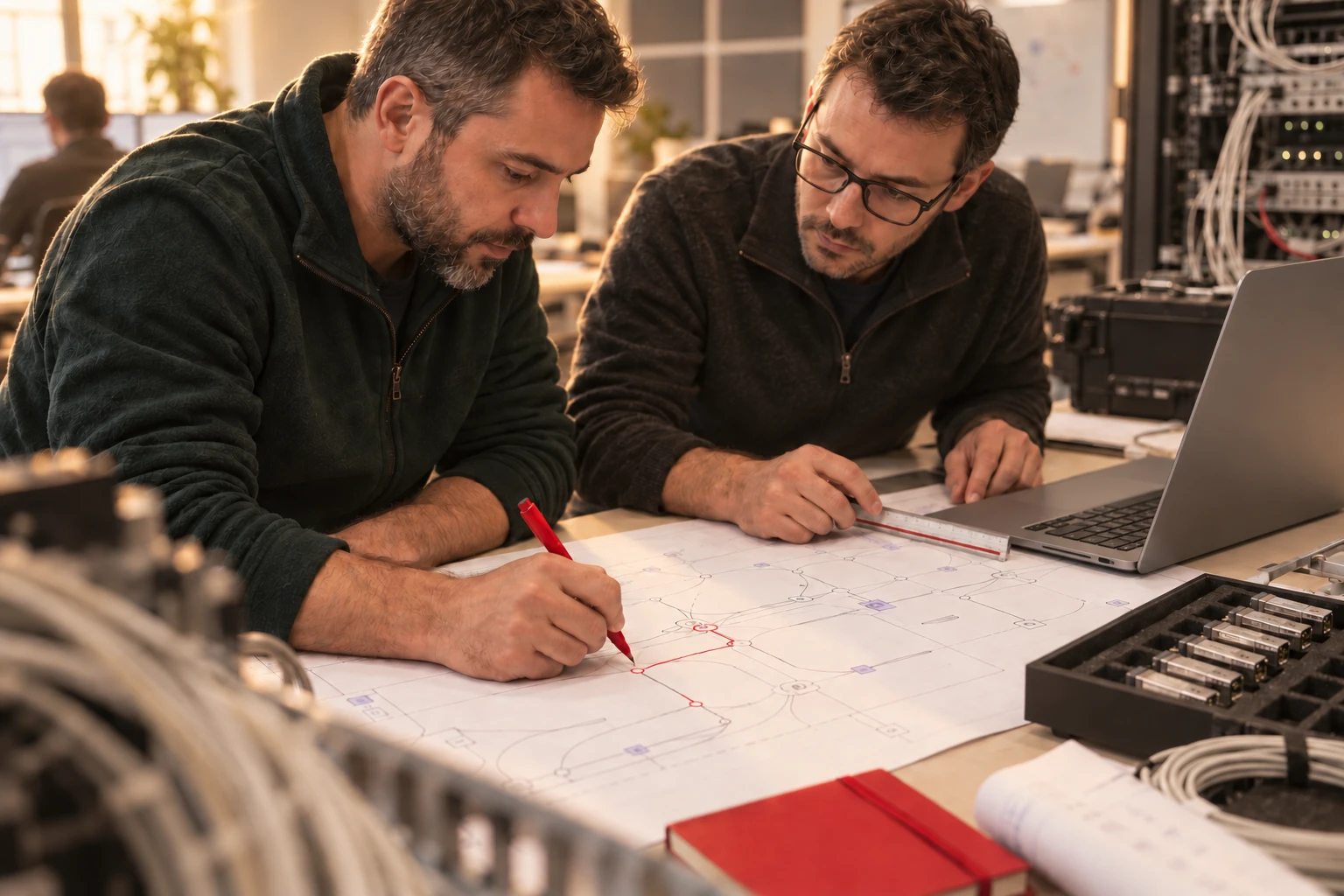 Deux ingénieurs d’un opérateur de services annotent un schéma de réseau